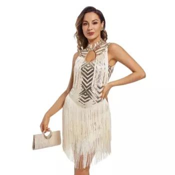 1920s Flapper Roaring Plus 20s Great Lady MIni Short Dress Gatsby Fringed Sequin Beaded Lady Mini Tassels Prom Cocktail Dress