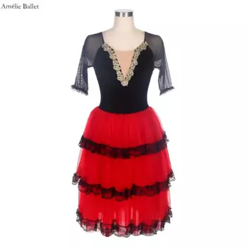 19505 Длинная балетная пачка со средним рукавом, 3-х уровневая романтическая юбка-пачка с кружевом для девочек и женщин, танцевальный костюм балерины, испанское платье