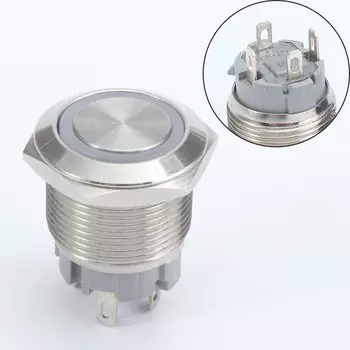 19 мм металлический кнопочный переключатель для автомобиля, короткие штифты с фиксацией, самосброс, мгновенный 1НО светодиод, красный, синий, зеленый, 6V12V24V220V