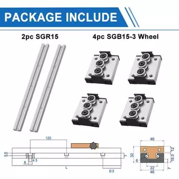 1/2 шт. встроенная двухосевая линейная направляющая с сердечником SGR15, длина 150-1150 мм + 1/2/4 шт. SGB15-3/4/5 комбинация направляющих для колес