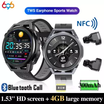 1,53 "2в1 TWS Наушники Smartwatch Blue Tooth Call Спорт 32 ГБ Местная память Запись звука музыки 2 в 1 Гарнитура NFC Смарт-часы