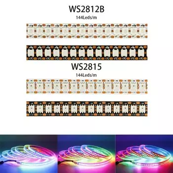 1-5 м WS2812B WS2815 Индивидуально адресуемая светодиодная лента RGBIC WS2812, 144 светодиода/м, черная/белая печатная плата, гибкая умная лента, 5 В/12 В постоянного тока