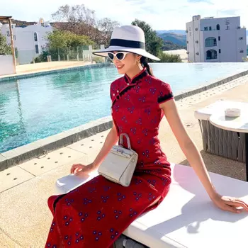 2020 сезон: весна-лето женское Платье с кружевами для девочек Стиль Платье Чонсам Мода темперамент Тонкая футболка с коротким рукавом, кружевное Платье Ципао; Платье