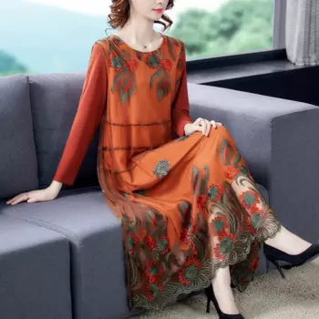 2021 Новинка; Обувь с вышивкой; Платья с цветочным принтом в винтажном стиле; Сезон весна-осень размера плюс XL-5XL женское длинное платье с сеткой в стиле «пэтчворк платья с длинным рукавом