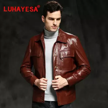 2022 LUHAYESA мужская кожаная куртка из козьей кожи, коричневая облегающая одежда из натуральной кожи, модная официальная Повседневная Осенняя верхняя одежда