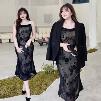 2022 Премиум-качество, 95 кг, женская одежда больших размеров, платье большого размера на подтяжках, сексуальное сетчатое кружевное изящное черное платье русалки XL-5XL