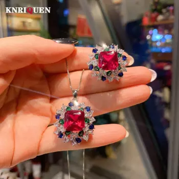 2022 Trend 12*12mm Simulation Ruby Jewelry Sets for Women Gemstone Rings Pendant Necklace Wedding Party Accessories Female Gift