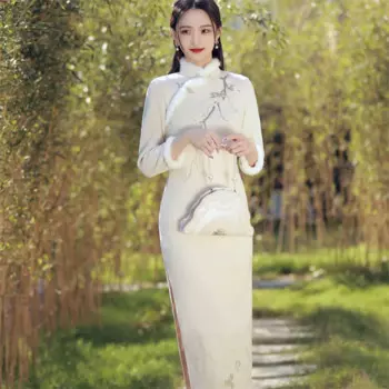 2022 зимнее китайское традиционное современное шерстяное длинное платье-Ципао с меховым воротником и вышивкой в стиле ретро улучшенное женское платье Ципао