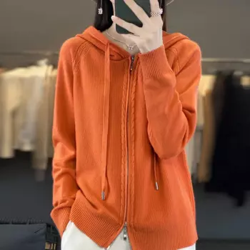 2023 Autumn and Winter Cashmere Cardigan Women's Hooded Cardigan Women's Sweater Cardigan Women's Knitted Zipper Top Coat
