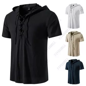 2023 Black Hoodie Lace Up Pirate Shirt Men Viking Steampunk Retro Renaissance Medieval Gothic Victorian Halloween Costume