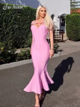 2023 летнее сексуальное женское розовое облегающее платье на бретельках с v-образным вырезом и открытой спиной, платье миди Русалка, вечерние
