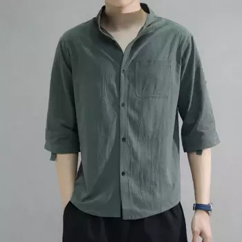 2023 Мужская рубашка, однотонная, с рукавом 3/4, Весенняя рубашка, свободная, со стоячим воротником, Мужская офисная рубашка с пуговицами, с разрезом, мужская рубашка для работы