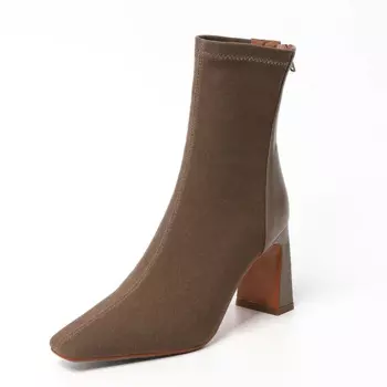 2023 New Autumn Winter Women High Heels Square Toe Short Boots Thick Heels Zipper Stretch Boots Женские Полусапоги демисезонные