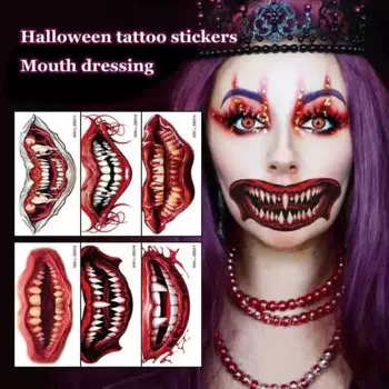 2023 New Halloween Tattoo Sticker Face Sticker Mouth Teeth Tattoo Sticker Waterproof Dark Wind Funny Makeup Temporary Tattoo