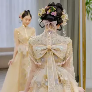 2023, юбка цвета шампанского Xiuhe, Сладкая Лолита, небольшой свежий китайский стиль, потрясающее платье для невесты, свадебное платье, костюм Тан, современный ханьфу