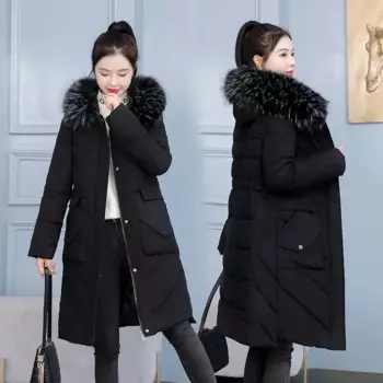 2023 женская пуховая парка, зимняя куртка с большим меховым воротником, плотное облегающее пальто, Модная хлопковая верхняя одежда с капюшоном, длинная Осенняя Женская куртка