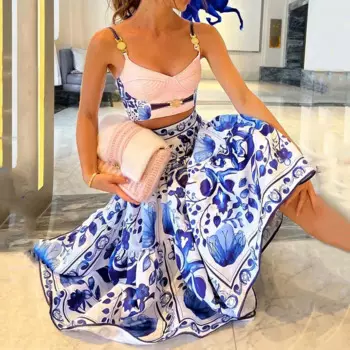 2023, женский винтажный корсет с принтом, сексуальный жилет-бретелька, женская одежда, элегантные короткие тонкие топы с металлической пряжкой + юбки, летние костюмы