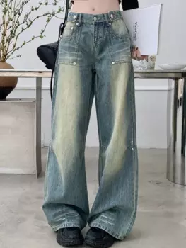 2023 Зимние Синие винтажные модные джинсы женские дизайнерские повседневные джинсовые длинные брюки с карманами женские шикарные брюки с высокой талией в Корейском стиле