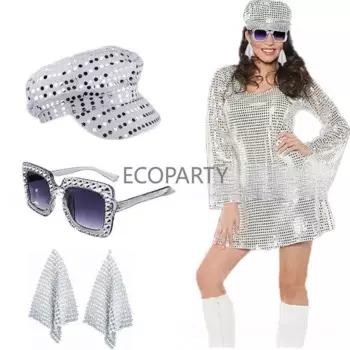 2024 3PCS/5PCS 70s Disco Costume Accessories Set Women 80s Disco Earrings Sequin Hat Sunglasses Stage Performance Props Ecoparty