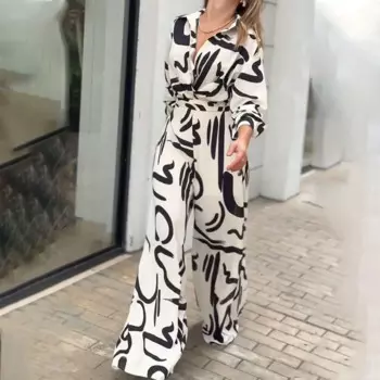 2024, элегантный женский комбинезон на шнуровке с принтом, модный уличный комбинезон с короткими рукавами и широкими штанинами, повседневный комбинезон с длинными рукавами