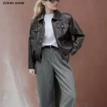 2024 американская Ретро коричнево-черная куртка из искусственной кожи Спайс девушки с длинным рукавом на молнии куртка-бомбер бойфренд Женская свободная верхняя одежда