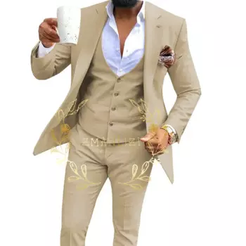 2024 бежевый мужской костюм из 3 предметов для мужчин, изготовленный на заказ Женский Свадебный мужской костюм Terno Masculino (пиджак + брюки + жилет)