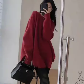2024 Classic Mid Length Style Women Knitwear Cashmere Pullover Fashion Wool Sweater O-Neck Long sleeves Loose&warm Basics Tops