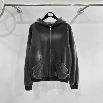 2024 DIKU 2024 осень и зима темный тяжелый художественный градиентный потертый карман на молнии свободный свитер Толстовка Черный Размер SMLXL