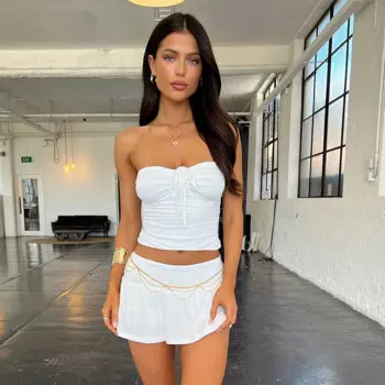 2024 European and American women's casual sexy shirred tether bandeau top big swing A-line hakama set