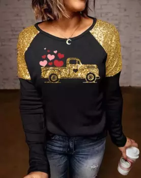 2024 Fashionable Summer New Valentine's Day Car Heart Print Round Neck Top Elegant and Casual Long Sleeves