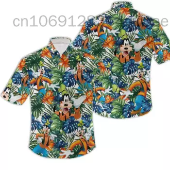 2024, гавайская рубашка Disney Goofy, Мужская Женская Повседневная пляжная рубашка с короткими рукавами и пуговицами, Детская гавайская рубашка с тропическим рисунком