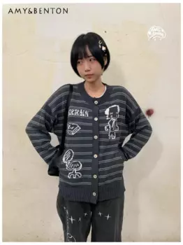 2024 Japanese Autumn Yameng Original Design Cartoon Puppy Cardigan Gray Striped Crew Neck Sweater Jacket For Women