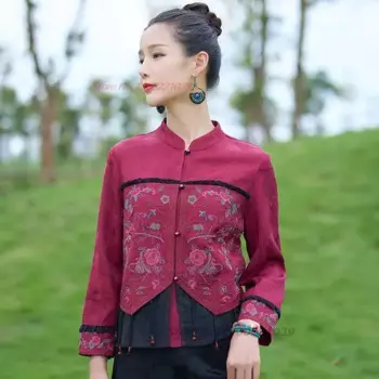 2024, китайская этническая блузка, национальная цветочная вышивка, традиционная куртка с воротником-стойкой, улучшенные топы ханьфу, восточный костюм Тан
