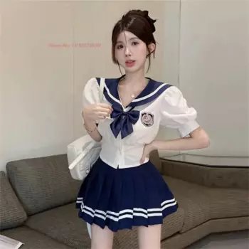 2024, китайская школьная форма, студенческий костюм jk, плиссированная юбка с галстуком, полный комплект, клетчатая юбка для девочек, костюм для девочек, темно-синяя форма моряка