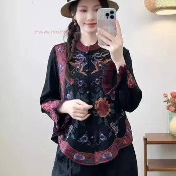 2024, китайские этнические топы ханьфу, национальная цветочная вышивка, атласный жаккардовый жилет, куртка без рукавов, воротник-стойка, народный жилет, костюм Тан