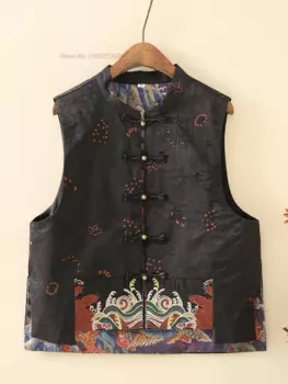 2024, китайский этнический атласный жилет, ретро пальто без рукавов, национальная цветочная вышивка, жилет с воротником-стойкой, восточный костюм Тан, жилет