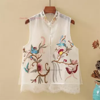 2024, китайский винтажный жилет с национальной цветочной вышивкой, кружевной народный жилет в стиле ретро, воротник-стойка, костюм Тан, жилет, восточная куртка без рукавов