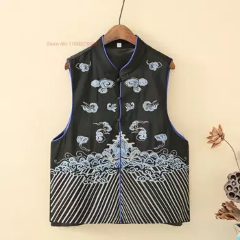2024, китайский винтажный жилет с воротником-стойкой, жилет с цветочной вышивкой, куртка без рукавов, топы ханьфу, восточный костюм Тан, этнический жилет