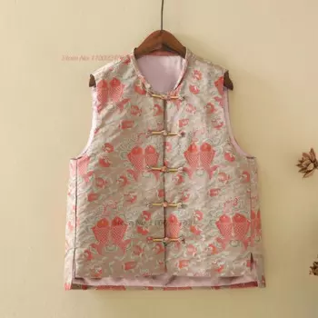 2024, китайский винтажный жилет, традиционный атласный жаккардовый жилет с воротником-стойкой, куртка без рукавов, восточные топы ханьфу, ретро костюм Тан