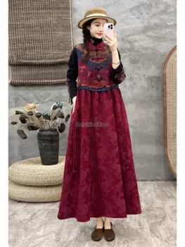 2024, китайское ретро-этническое стильное льняное хлопковое жаккардовое платье с вышивкой, длинное свободное элегантное платье без рукавов с пуговицами, w92