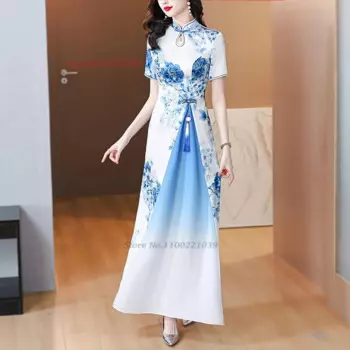 2024, китайское улучшенное Cheongsam Qipao, восточное градиентное цветное банкетное платье, национальное вечернее платье Cheongsam с цветочным принтом