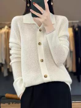2024 Korean Spring Autumn Cashmere Women's Polo Collar 100% Pure Wool Knitwear Hollow out Sweater Solid Colour Female Soft Top