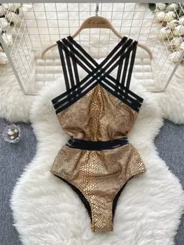 2024 летний модный сексуальный блестящий сексуальный комбинезон со змеиным принтом, женский купальник с лямкой на шее без рукавов