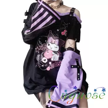 2024 Летняя женская одежда в японском стиле Y2K панк Subculture с мультяшным рисунком кавайная Милая футболка с длинным рукавом плечевые полосатые топы