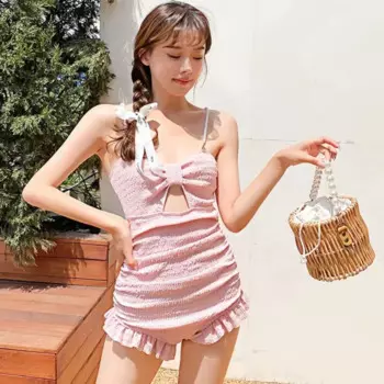 2024 Модный летний пляжный женский купальник цельный однотонный бикини на бретелях с оборками облегающие Женские Купальники с высокой талией