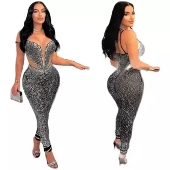 2024 Модный женский комбинезон для ночного клуба, черный сетчатый полупрозрачный Повседневный брючный костюм с ремешком, сексуальные летние комбинезоны