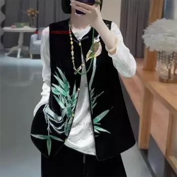 2024, национальный жилет в стиле Харадзюку, бархатный жилет с национальной цветочной вышивкой, китайский костюм Тан, винтажная куртка без рукавов, жилет