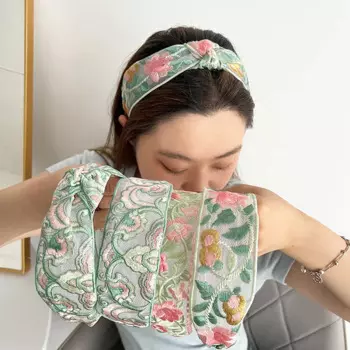 2024 New Bohemian Ethnic Style Cotton and Linen Embroidery Floral Plaid Hairband Barrettes Headband Hair Accessories