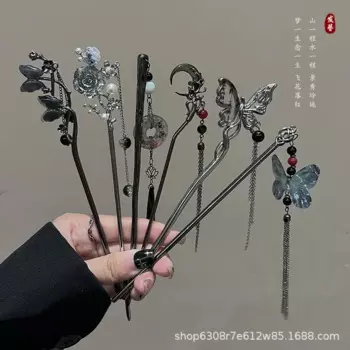 2024 New Chinese Style Butterfly Flower Tassel Hair Stick for Women Vintage Metal Hanfu Chopstick Hair Sticks Hair Accessories