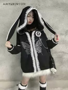 2024 New Japanese Original Dark Punk Loose Sweater Jacket Hooded Fold-eared Rabbit Cool Style Hot Fashion Top For Girls